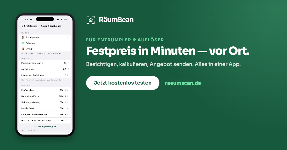 RäumScan für Entrümpler – Festpreis in Minuten vor Ort, Angebot als PDF